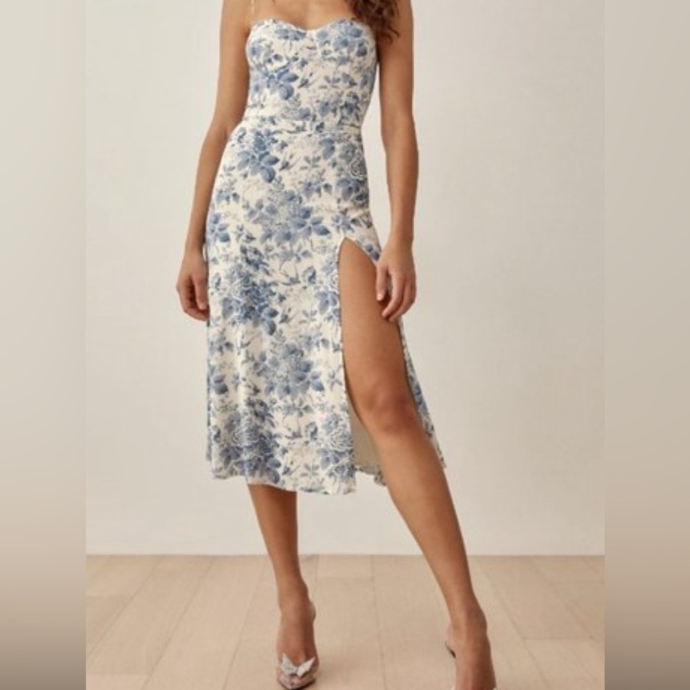 Reformation Blue Floral Midi Dress on Cream Background